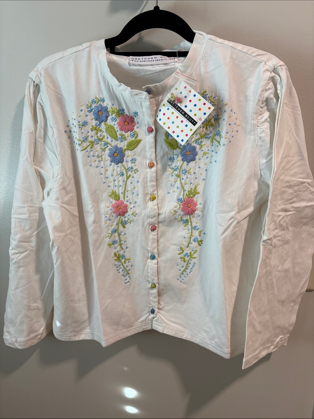 Gretchen Scott Designs White Button-Front Top with Multicolor Floral Embroidery